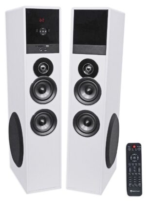 Rockville TM80W Powered Home Theater Tower Speaker System, White, 800W, 8" Subwoofers, Bluetooth, USB/SD Playback, FM Radio, Remote Control, Karaoke Ready, Perfect for Home Entertainment