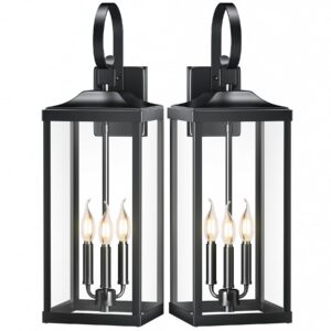 Yolsunes 2 Packs 24" Extra Large Outside Wall Light Fixture 3-Light, Black Outdoor Porch Lantern Wall Mounted, Waterproof Modern Outside Wall Sconce Coach Lamp for House, E12