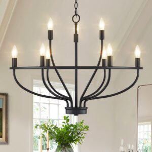FookChak 9-Light Black Chandelier Light Fixture Classic Candle Chandelier Lighting Over Table for Dining Room Living Room Bedroom Foyer Kitchen Island, 28.54in, E12