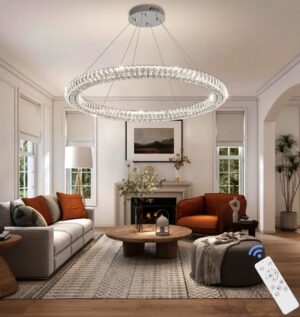 IDEQUY Modern Crystal Chandelier Dimmable LED 47.5" Ring Pendant Light Adjustable Round Chrome Crystal Chandelier Light Fixtures for Dining Room Living Room