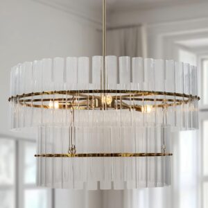 Crystal Fluted Glow Chandelier, Finial Details, Craftsmanship, Fluted Modern Design,Bronze-Finished Iron Finials, Light Fixtures for Dining Room, Dining Room Light Fitting, Dining Area Light Fixtures