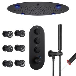 VANFOXLE Shower Faucet Set Matte Black Temperature Shower System, Push Button Diverter Shower Faucet with 16 Inch Ceiling LED Rain Showerhead, 6 PCS Two Modes Body Jets With 2 In 1 Handheld