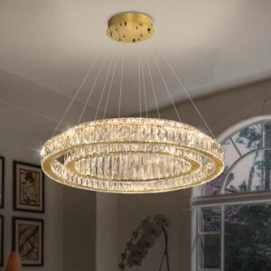 IDEQUY D32''+D20'' Modern 2 Ring Crystal Chandeliers for Living Room Bedroom Led Gold Pendant Light Chandeliers Dimmable 3000-6000K