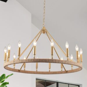 Rattan Wagon Wheel Chandelier 16 Light Farmhouse Chandeliers for High Ceilings Large Gold Pendant Light Fixtures for Dining Room Hemp Rope Around Wagon Wheel Light Fixture for Foyer,Living Room,E12