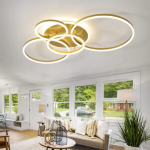 Modern LED Ceiling Light 90W Dimmable Ceiling Light Fixture with Remote Control 5 Rings Flush Mount Ceiling Light Gold Acrylic Chandelier LED for Living Room Bedroom Kitchen Light fixtures(4+1G01)