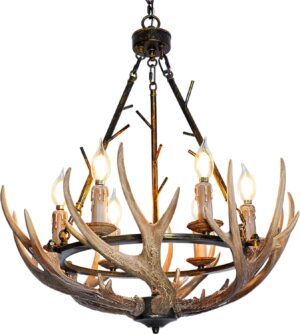Debemenes Rustic Antler Chandelier 6 Lights, Farmhouse Chandeliers with Resin 6 Antlers and Retro Metal Wagon Wheel Chandelier Vintage Style for Dining Room, Kitchen, Island, Living Room UL Listed