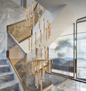 HAIXIANG 16 Foot Chandeliers for Living Room Entryway High Ceiling Light Fixtures Sloped Flush Mount Ceiling Pendant Lighting Dimmable Chandelier with Remote LED Crystal Pendants Lighting Gold Light