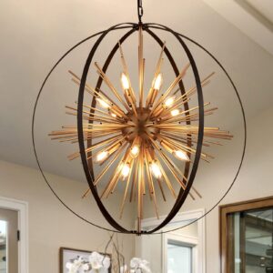 TACDANDM 31.5" Black Gold 16-Light Globe Sputnik Chandelier Modern Industrial Adjustable Hanging Ceiling Firework Pendant Light Fixture for Entryway Foyer Stairway Bedroom Dining Living Room Hallway