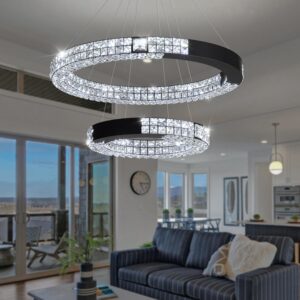 IDEQUY Led D32''+D20''Black 2 Ring Crystal Chandelier Fixture for Living Room Dining Room Bedroom Modern Chandeliers Lighting and Hanging Ring Adjustable