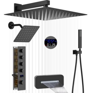 WHSHOWER Thermostatic Matte Black Waterfall Tub Spout Shower System Ceiling Full Body Shower Set with 12" & 8" Dual Shower Heads Shower System with Digital Display Valve and Handheld shower
