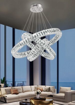 IDEQUY 3 Rings Crystal Chandeliers 32"+24"+16" Crystal Ceiling Light Fixture Pendant Lighting Hanging Lamp for Living Room LED Dimmable 3000-6000K