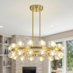 IDEQUY 32 Inch Gold Wagon Wheel Chandelier with Crystal Shade, 28 Lights, Modern Farmhouse Chandelier, Ideal for Dining Room, Kitchen, Entryways