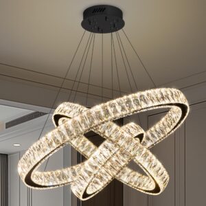 IDEQUY Modern 3 Rings Crystal Chandelier,Black Led Dimmable Chandelier for Dining Room Height Adjustable Pendant Light 32"+24"+16"