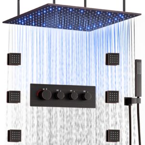 DULABRAHE Thermostatic Rain Shower System Set For Bathroom LED Rainfall Ceiling Shower Head Body Message Jets (20 Inch Square Oil Rubbed Bronze)