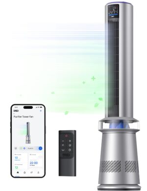 Dreo MC710S Air Purifier Tower Fan, 45" 2-in-1 Smart Fan for Bedroom, 27ft/s Velocity, 120°Oscillation, 24H Timer Bladeless Fans for Home, 25dB Low Noise, Standing Fan Works with Alexa, Silver Blue