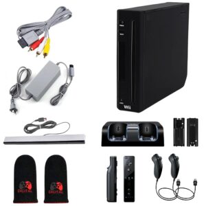 Digital Dynasty Nintendo Wii Console Black Premium Bundle with 1-Year Warranty Includes 2 Remotes, 2 Nunchucks, Dual Dock Stand, Sensor Bar, AV Cable and 2 Gaming Sleeves (Renewed)