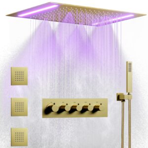 14 X 20 Inch Gold Ceiling LED Rain Shower Head Luxury Thermostatic Rainfall Shower System Fixtures With Body Jets Set