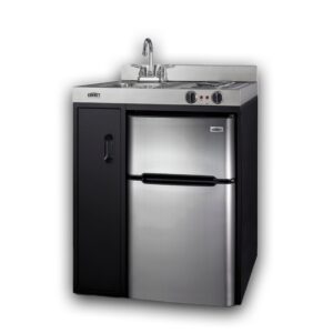 Summit 30" Wide All-In-One Kitchenette, 2-Door Refrigerator-Freezer, 2-Burner Cooktop, Sink, and Storage, Black and Stainless- C30ELBK