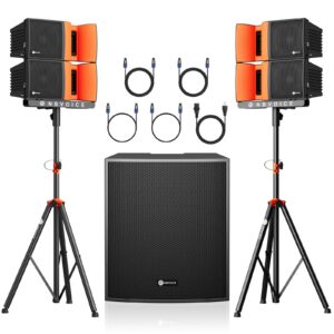 NBVOICE 18-Inch 4000W P.M.P.O Stereo PA Speaker System with Bluetooth/USB/Remote, Includes 4 Line Array Speakers, 1 Active Subwoofer, 2 Tripods - Perfect for DJ, Parties, Weddings, and Events