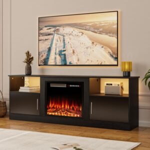 VENDORZ Fireplace TV Stand with 23" Fireplace, Electric Fireplaces 70" TV Stand for Living Room, Black Entertainment Center with Fireplace, TV Stand Fire Place with Storage for TVs Up to 80"