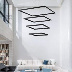 WELAKI 4 Black Square Chandelier Lighting, LED Pendant Ceiling Light Fixture, Contemporary Chandelier for Villa Living Room Entryway Foyer Staircase Office