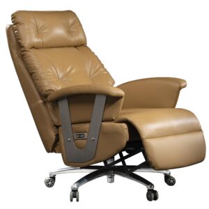 Kinnls Freya Power Recliner Chair with Footrest,Fully Reclining Office Chair Modern Managerial Executive Chairs Ergonomic High-Back Genuine Leather Home Office Desk Chair (Khaki-Double Motor Button)