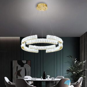 IDEQUY D16'' Modern Crystal Gold Ring Chandeliers for Living Room Dinning Room Crystal Pendant Light Dimmable 3000k-6000k