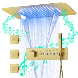 Brushed Gold Ceiling LED Rain Shower Head With Handheld, DisixinDi Large Luxury Rainfall Shower System Fixtures With Body Jets Thermostatic Mixer Trim Kit Included