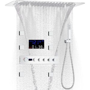 AYIVG Thermostatic Shower System with Body Jets 16 * 24 Inch Ceiling Mount Rain Shower Faucet Set Temperature Display Shower System Chrome Multi Shower Head System with 5 Ways Shower Valve