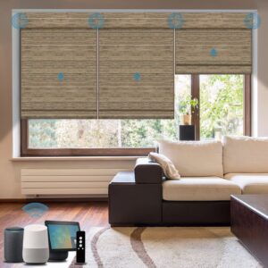 WEFFORT Motorized Roman Woven Woods Shades Work with HomeKit/Alexa/Google Home, Cordless Motorized Roman Shades,Electric Roman Blinds Custom Size,Crocheting Chestnut