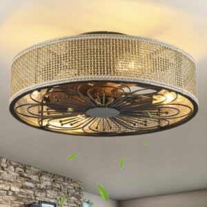 MeZeYo Modern Boho Rattan Flush Mount Ceiling Fans with Lights and Remote Control Low Profile Bladeless Ceiling Fan Timer and 6-Speed Reversible Motor for Bedroom, Kitchen, Dining Room Include Bulbs