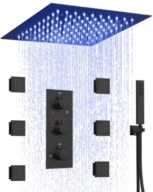 EVERSTEIN 12 Inch 64-Color LED Mood Lighting Shower Set, Ceiling Mount Rainfall Shower System with 6 Body Jets (Matte Black)