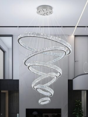 IDEQUY Contemporary Extra Large Crystal Chandelier Modern 6 Ring LED Ceiling Pendant Light Adjustable Stainless Steel Chandeliers D8+15.7"+23.6"+31.5"+39.4"+47.5"