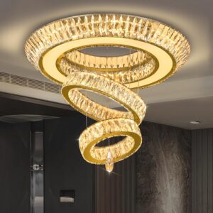 IDEQUY Led 32'' Gold Ring Crystal Chandelier,Modern Luxury Ceiling Lights Fixture for Dining Living Room 3-Tier Raindrop Chandeliers Lighting LED 3000-6000K Infinity Dimmable