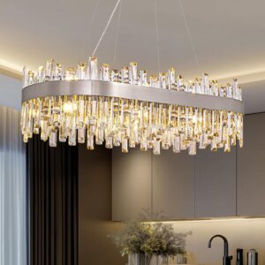 Siljoy Modern Crystal Chandelier 16 Lights Polished Chrome Rectangular K9 Crystal Raindrop Chandelier Luxury Oval Adjustable 2-Tiers Pendant Ceiling Light for Dining Living Room Kitchen Island L35.4''
