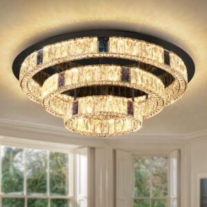 IDEQUY 32'' Modern Crystal Chandelier Round Ring Chandelier Black 3-Tier Crystal Ceiling Light for Dining Room Kitchen Bedroom Dimmable Lighting
