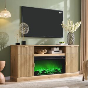 Modern Fluted Fireplace TV Stand with 36" Electric Fireplace for 80 Inch TV, 31" Tall Entertainment Center with 2 Drawers and Adjustable Shelves, Wood Media Console for Living Room, Natural