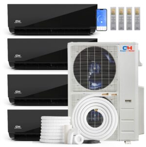 Cooper & Hunter 48,000 BTU 4-Zone Ductless Mini Split Air Conditioner & Heat Pump – 12K+12K+12K+12K Wall Mount Air Handlers – 24 SEER2 – 25FT Installation Kits – 230V – Midnight Edition