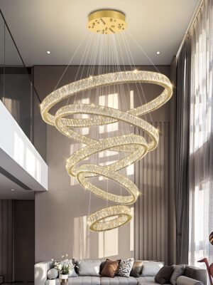 IDEQUY Modern 5 Ring Chandeliers for High Ceiling Foyer,Luxury Dimmable Crystal Ceiling Light Fixtures Staircase Entrance Villa Large Gold Chandelier D8''+15.7"+23.6"+31.5"+39.4"