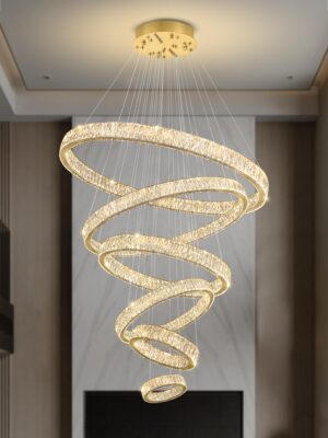 IDEQUY Contemporary Extra Large Crystal Chandelier Modern 6 Ring LED Gold Ceiling Light Adjustable Stainless Steel Chandeliers D8+15.7"+23.6"+31.5"+39.4"+47.5"