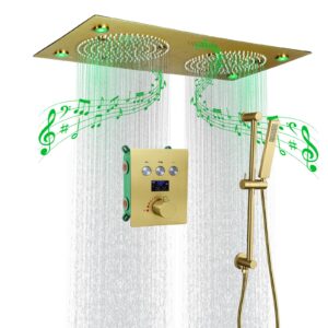 LED Rain Ceiling Shower Head With Hand Held Sprays, Music Luxury Thermostatic Rainfall Shower System Set (24.5X12.5 inch Mist And Rain Shower, Brushed Gold)