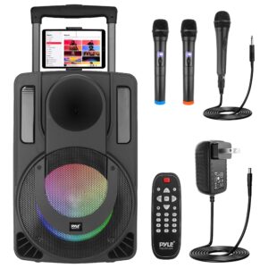 Pyle PHPWA15TB 15’' Portable PA Speaker System - Wireless BT Streaming PA & Karaoke Party Audio Speaker, Two Wireless Mic, Wired Microphone, Tablet Stand, Flashing Party Lights, MP3/USB/FM Radio