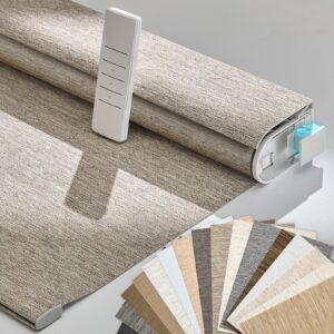 Persilux Smart Motorized Blinds with Remote, No Drill Automatic Roller Shades for Indoor Windows, Light Filtering Linen Fabric, Electric Blinds for Windows, Linen Light Brown C156-3, Custom Size