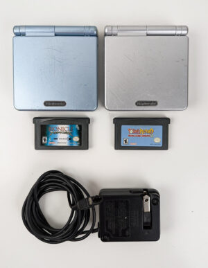 Nintendo Game Boy Advance SP Console x2 Pearl Blue & Silver charger bag 2 games