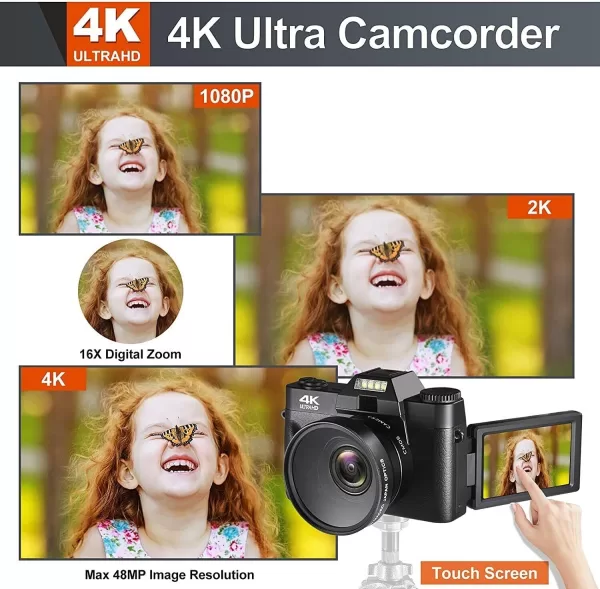 4K Digital Vlogging Camera for YouTube 4k Camcorder HD 1080P 48MP Video Camera