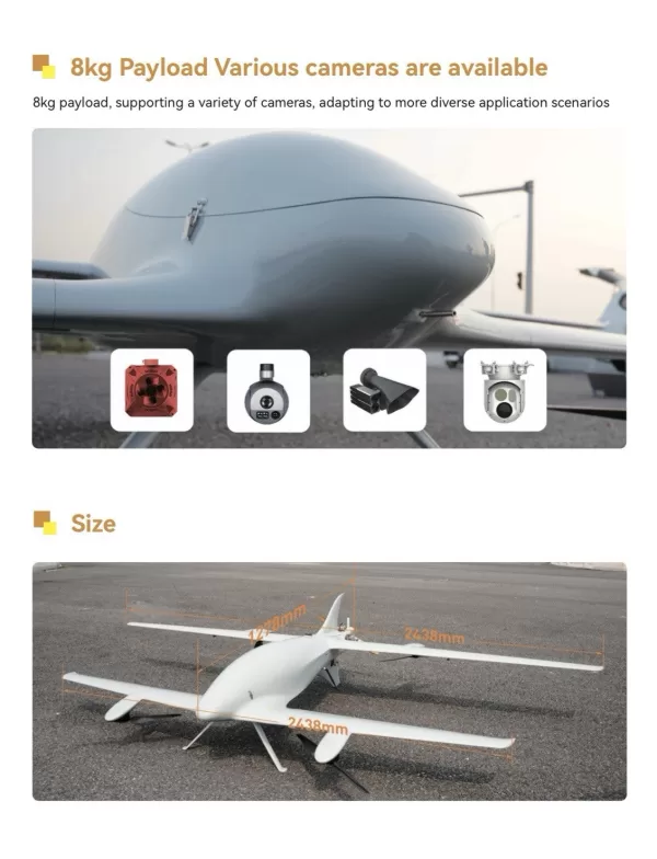 VTOL Fixed Wing UAV Long Range Distance 8Kg Cargo Delivery Drone 10H Flight Time