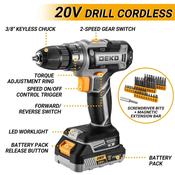 Cordless Drill Tool Kit Set: 20V Power Drill Tool Box with Battery Electric Dril