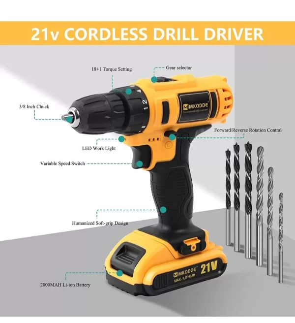 93 Piece 21V Drill Set 21V Cordless Drill 18+1 Torque Setting and 3/8'' Keyless