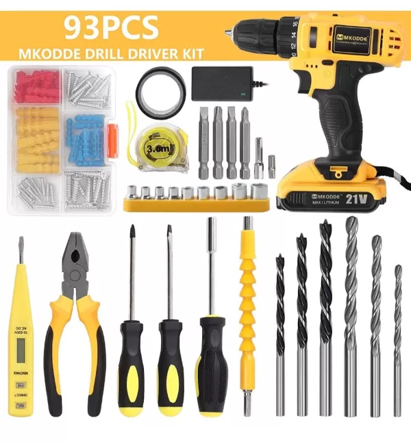 93 Piece 21V Drill Set 21V Cordless Drill 18+1 Torque Setting and 3/8'' Keyless