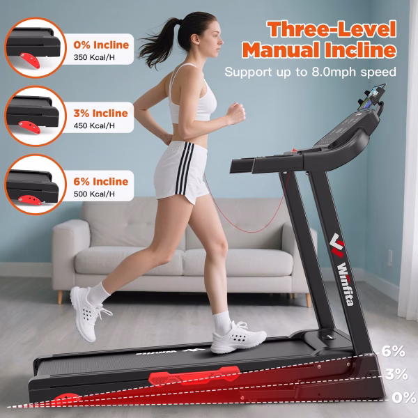 Foldable Treadmill with 6% Manual Incline for Home, 8 MPH Speed, 300 LB Capacity, 42"X17" Belt, App & Bluetooth Speakers, Tablet Holder, Pause Function, 64 Preset Programs, Black